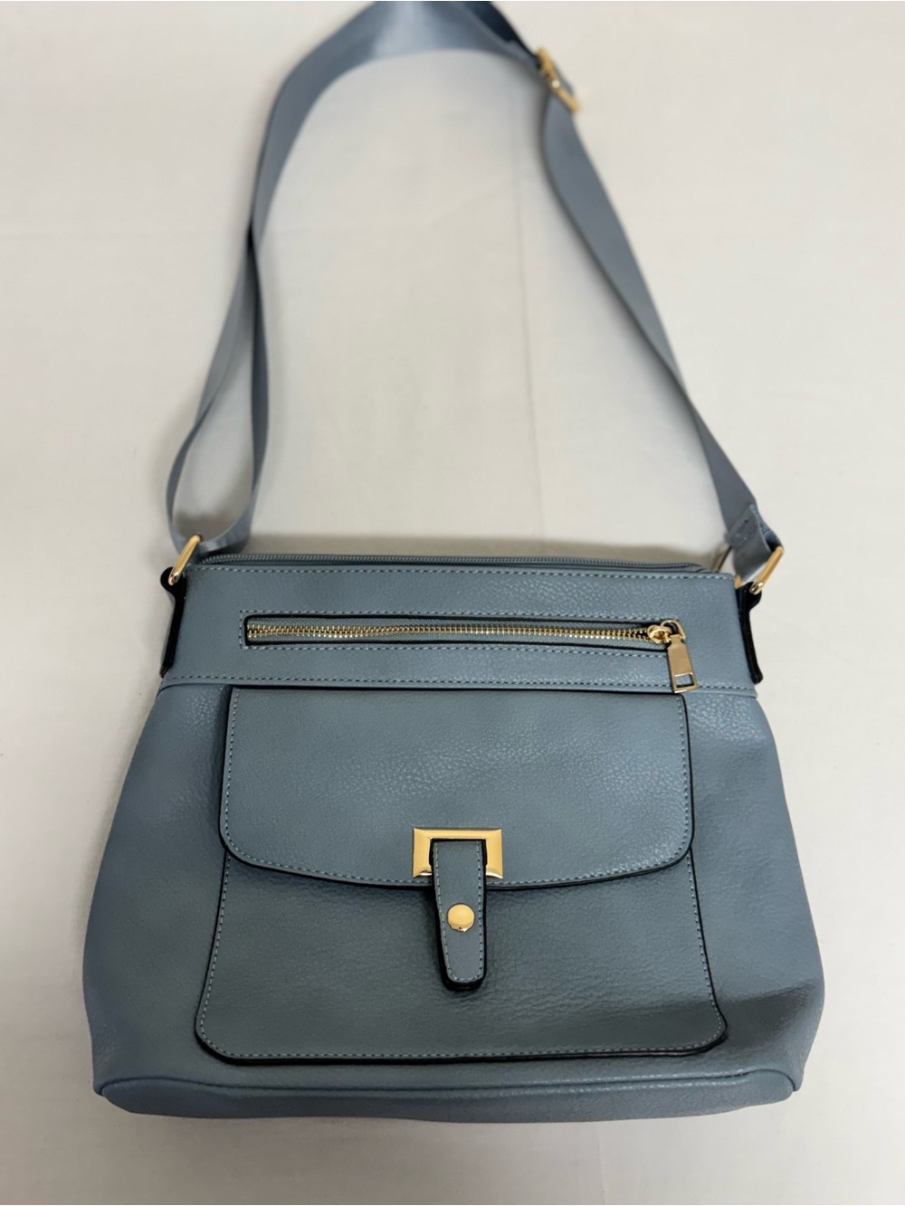 Slate Blue Faux Leather Crossbody Bag with Front Pocket and Western Theme Print